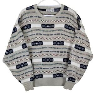 Giorgio di Firenze Men Vintage Geometric Knit Sweater Made in Italy Beige Navy M